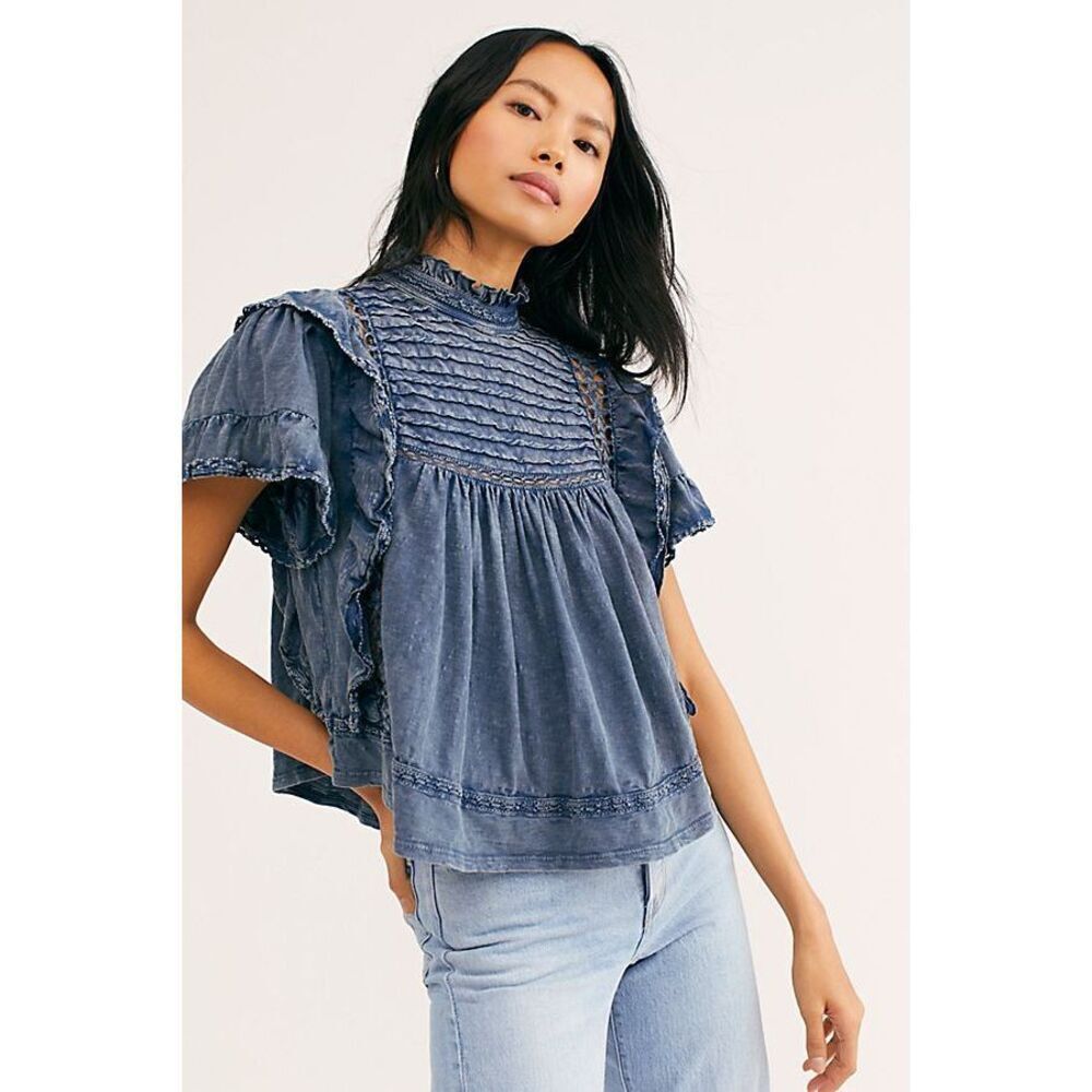 Free People Le Femme T-Shirt Blue  Lace Ruffle Round Neck Blouse Top S NEW